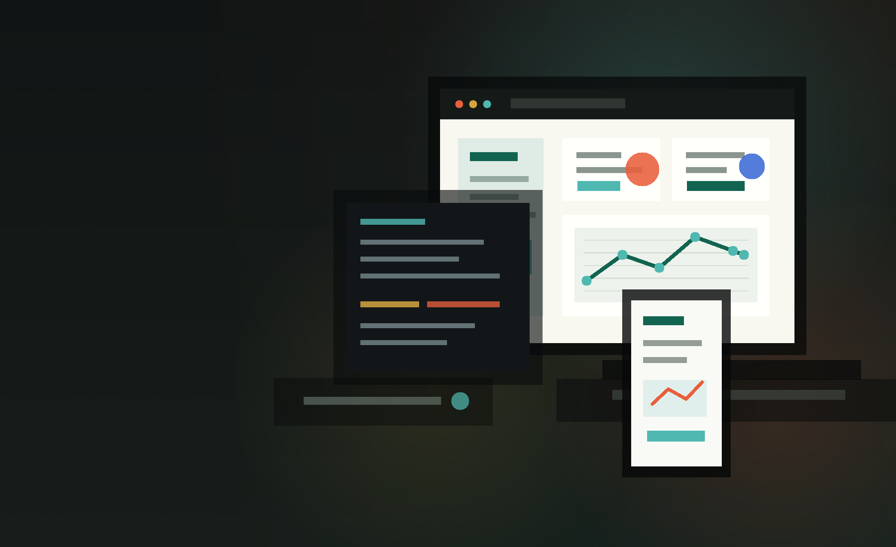 A generated scene showing custom business website, dashboard, booking, and automation interfaces.